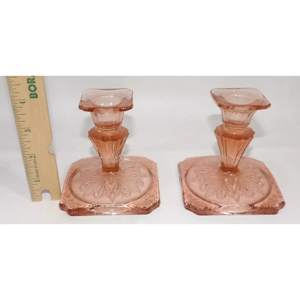Jeannette Adam Pink Glass Candlestick Holders Floral Etched Square Base Set 2